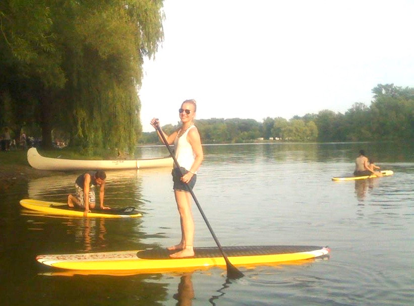 sheltered lagoons of the toronto islands for safe paddle boarding with friends.